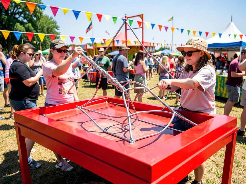 Players testing their nerve on the giant buzz wire game at a funfair
