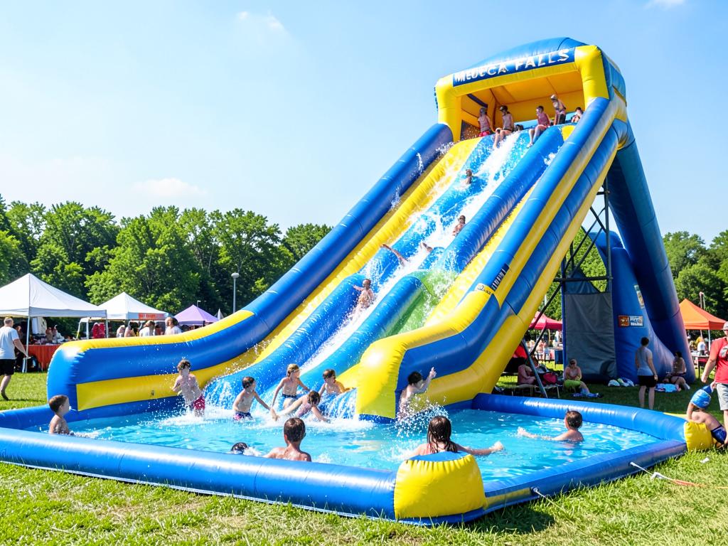 Children sliding down the giant Mega Falls inflatable water slide into the splash pool