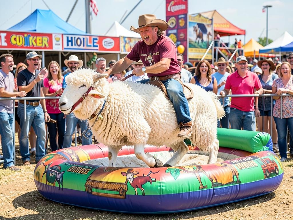 Rider holding on to the bucking rodeo sheep as the crowd watches