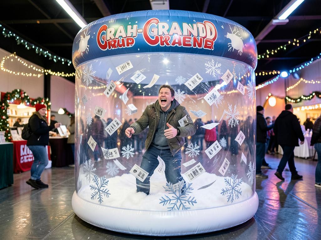 Guest catching swirling tickets inside the festive cash grabber cylinder